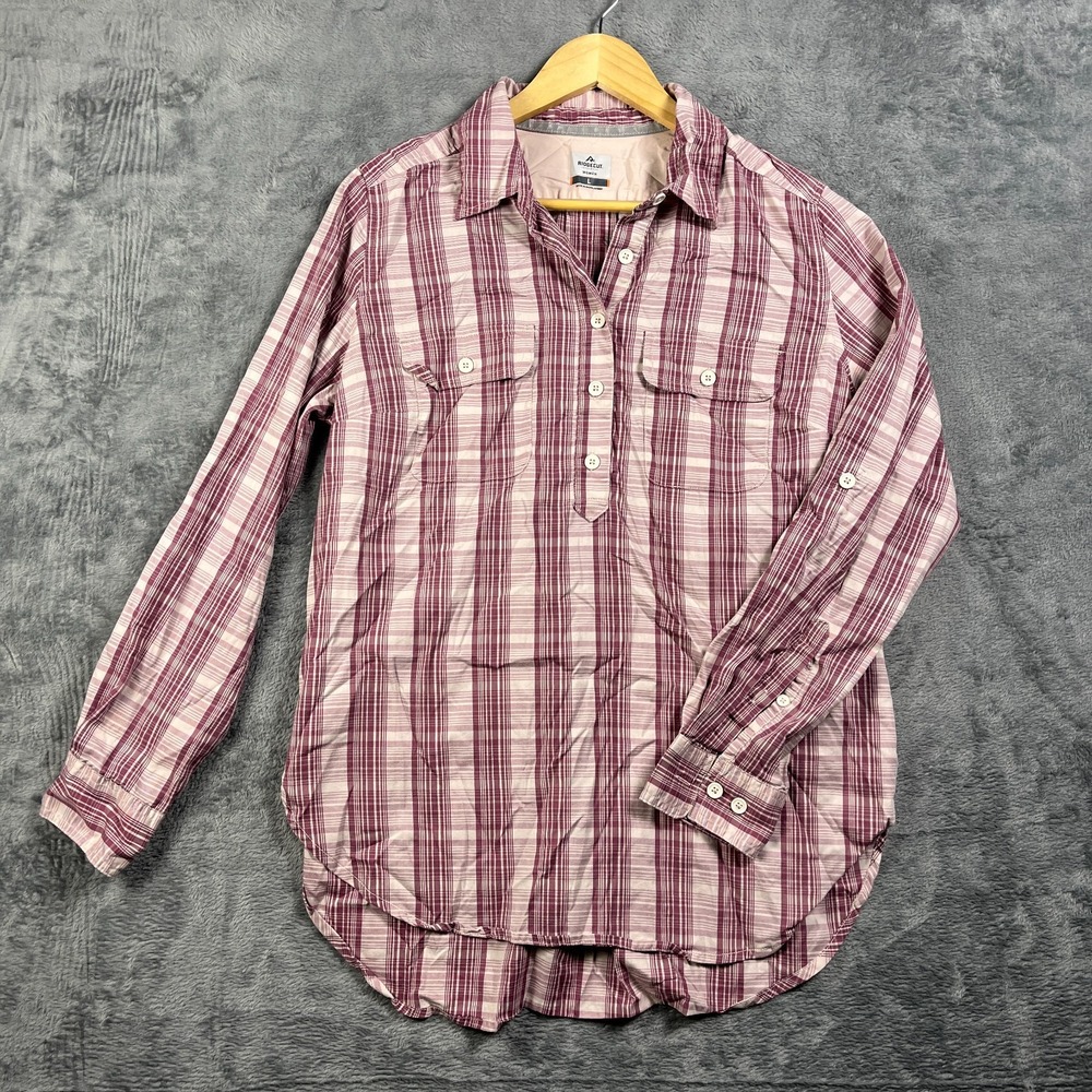 Ridgecut Toughwear Shirt Womens Large Pink White Plaid Roll Tab Sleeve Button Up